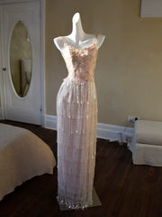 Glittery Sheath Spaghetti Straps Pink Tassel Pink Prom Dresses Inspiration Long Party Evening Dress 20th Birthday Outfits AB2344