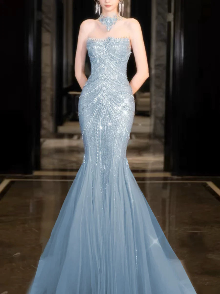 Modest Mermaid Strapless Lilac Sequins Prom Dresses Inspiration Long Party Evening Dress 21st Birthday Outfits AB2284