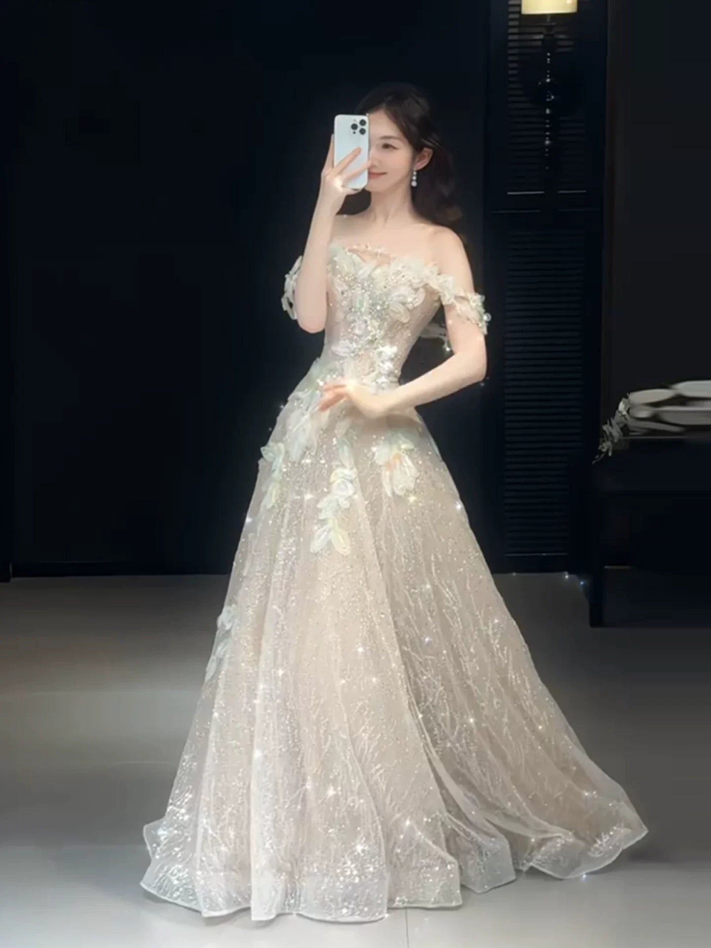 Cute A line Off The Shoulder With Cap Sleeves Sequins Champagne Long Formal Prom Dresses Dance Night Outfits Party Gowns AB2202