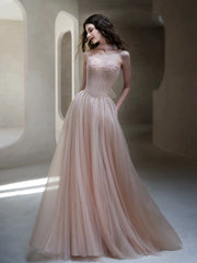 Classy A line Strapless Light Pink Tulle Long Formal Prom Dresses Dance Night Outfits Party Gowns AB2199