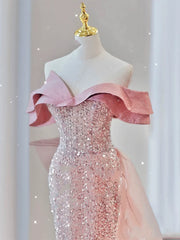 Sparkly Mermaid Evening Dress Off The Shoulder Pink Sequins Prom Dress Long Party Dress 19th Birthday Outfits AB2324