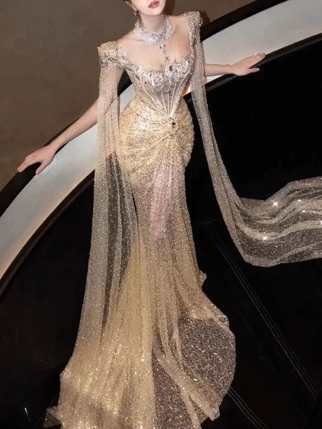 Luxurious Mermaid Evening Dress Strapless Gold Sequins Prom Dress Long Party Dress 19th Birthday Outfits AB2325