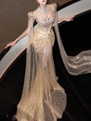 Luxurious Mermaid Evening Dress Strapless Gold Sequins Prom Dress Long Party Dress 19th Birthday Outfits AB2325