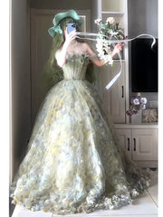 Princess Ball Gown Strapless Floral Forest Green Tulle Bodice Prom Dresses Inspiration Long Party Night Gowns 20th Birthday Outfits AB2264