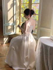 Modest A line Spaghetti Straps Ivory Satin Prom Dresses Wedding Guest Dress 20th Party Birthday Outfits AB2431