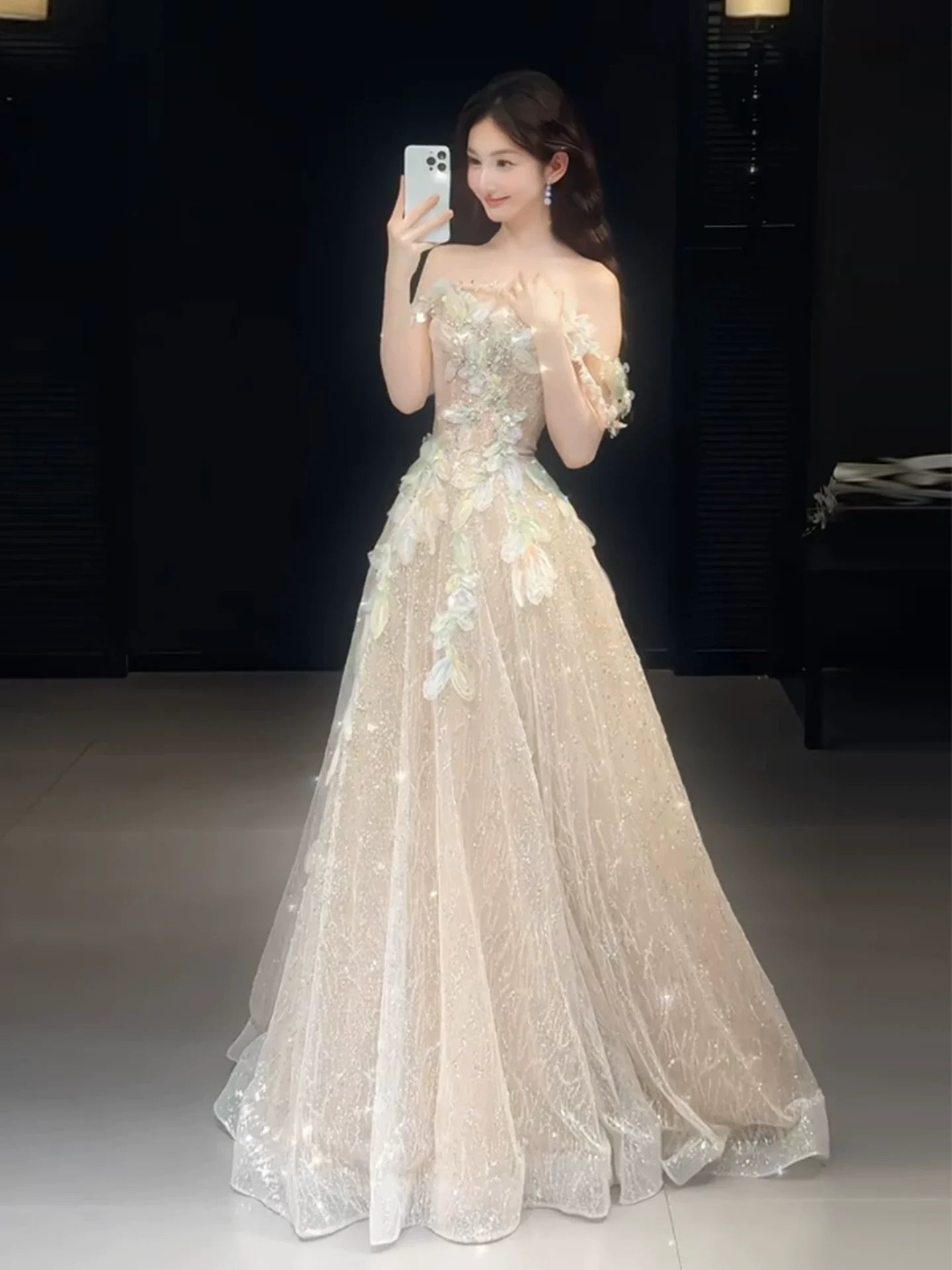 Cute A line Off The Shoulder With Cap Sleeves Sequins Champagne Long Formal Prom Dresses Dance Night Outfits Party Gowns AB2202