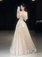Cute A line Off The Shoulder With Cap Sleeves Sequins Champagne Long Formal Prom Dresses Dance Night Outfits Party Gowns AB2202