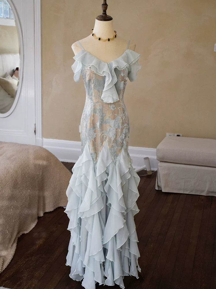Vintage 1960s Mermaid Spaghetti Straps Light Sky Blue Chiffon Prom Dresses Inspiration Long Party Dress 18th Birthday Outfits AB2388