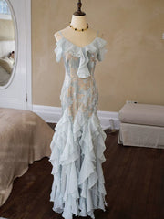 Vintage 1960s Mermaid Spaghetti Straps Light Sky Blue Chiffon Prom Dresses Inspiration Long Party Dress 18th Birthday Outfits AB2388