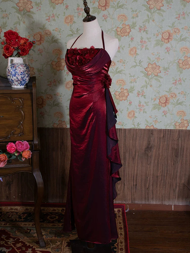 Vintage 90s A Line Halter Floral Neck Long Prom Dresses Inspiration Party Retro Evening Dress 21st Birthday Outfits AB2375