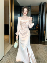 Elegant Mermaid Square Neck Pink Silky Satin Ankle Length Prom Dresses 16th Nigh Party Birthday Outfits AB2432