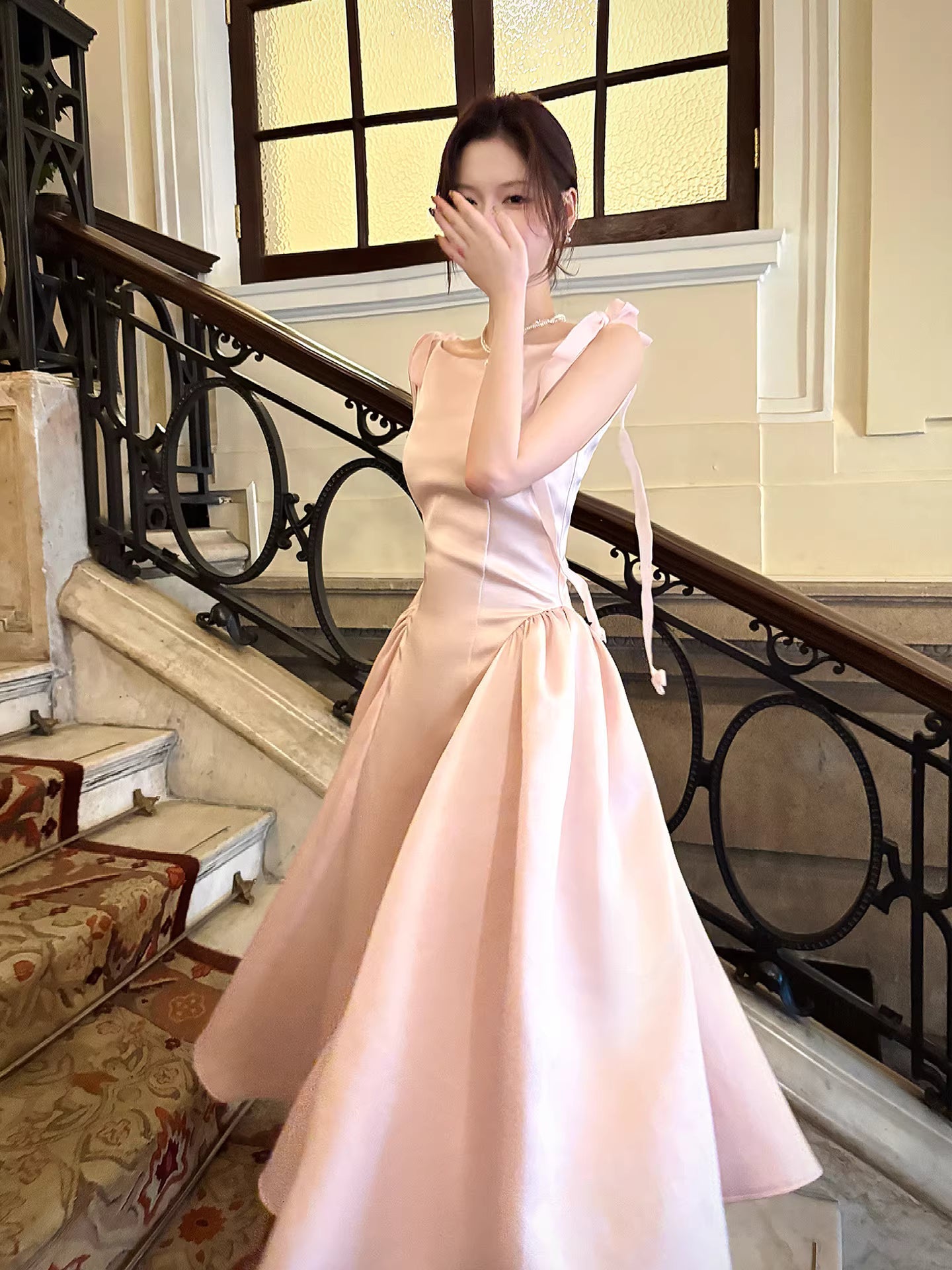 Simple A Line Scoop Neck Pink Satin Ankle Length Prom Dresses 17th Nigh Party Birthday Outfits AB2498