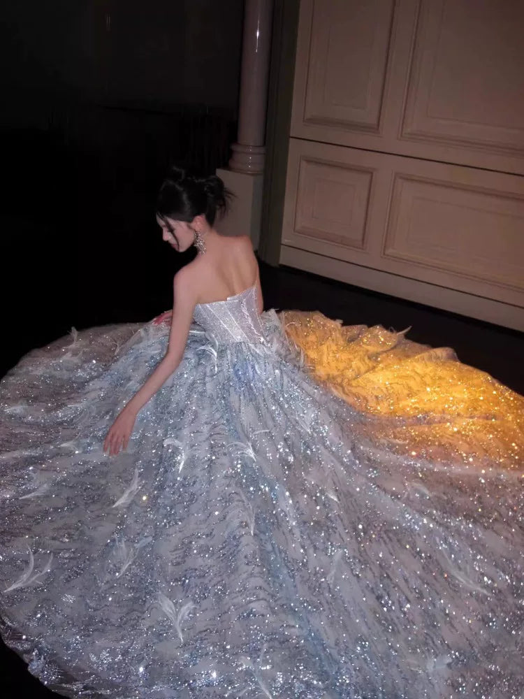 Luxury Ball Gown Strapless Light Blue Sequins With Beads Prom Dresses Inspiration Long Party Night Gowns 20th Birthday Outfits AB2234