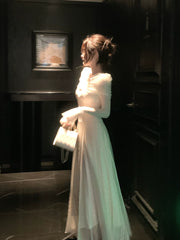 Modest A line Off The Shoulder Lace White Long Sleeves Prom Dresses Wedding Guest Dress Birthday Outfits AB2440