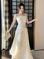 Elegant A line Spaghetti Straps Ivory With Pleated Sleeveless Long Prom Dresses 16th Nigh Party Birthday Outfits AB2441