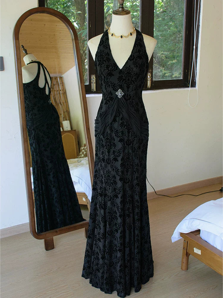 Vintage 50s Mermaid V Neck White Velvet Lace Prom Dresses Inspiration Long Party Retro Evening Dress 20th Birthday Outfits AB2343