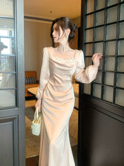 Elegant Mermaid Square Neck Pink Silky Satin Ankle Length Prom Dresses 16th Nigh Party Birthday Outfits AB2432