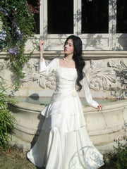Modest Mermaid Square Neck Ivory Satin Long Sleeves Prom Dresses Wedding Guest Dress 16th Birthday Outfits AB2448