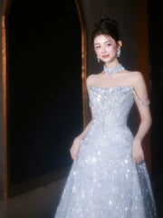 Princess A line Strapless Blue Sequins Prom Dresses Inspiration Long Party Night Gowns 20th Birthday Outfits AB2251