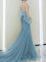 Modest Mermaid High Neck Tulle Blue With Split Prom Dresses Inspiration Long Party Evening Dress 19th Birthday Outfits AB2277