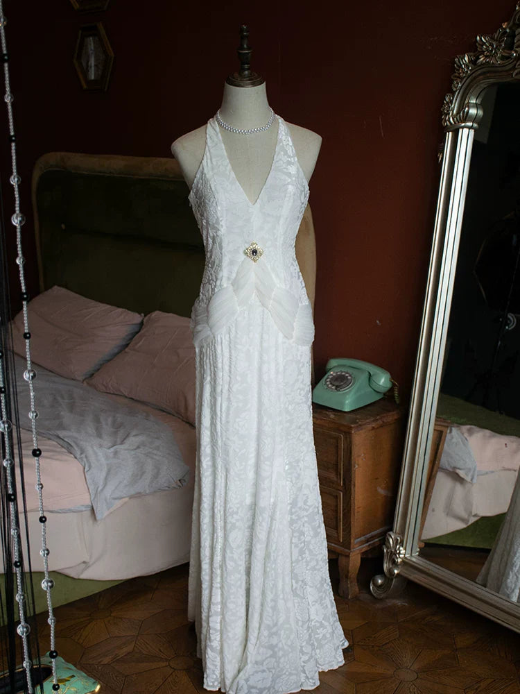 Vintage 50s Mermaid V Neck White Velvet Lace Prom Dresses Inspiration Long Party Retro Evening Dress 20th Birthday Outfits AB2343