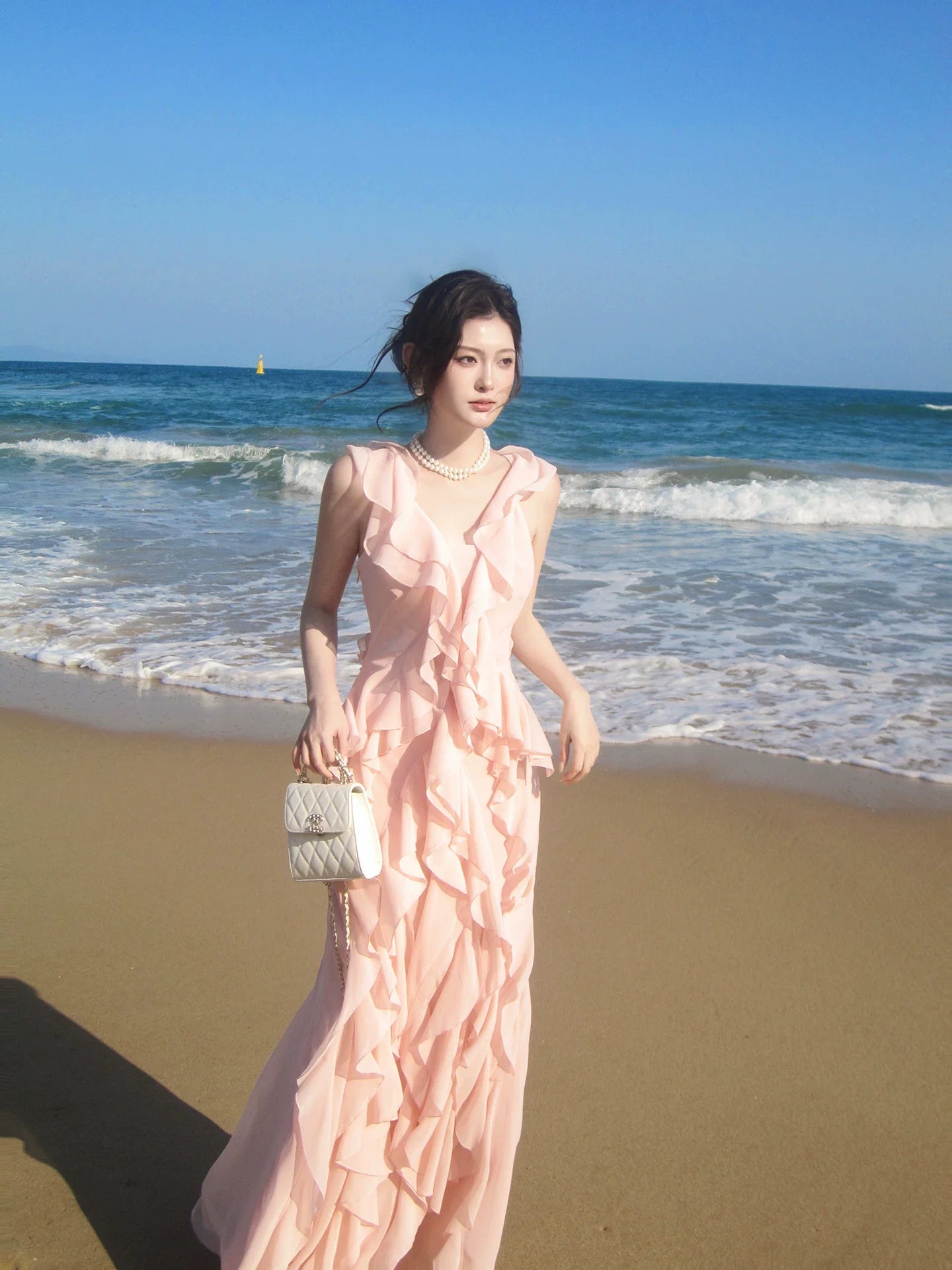Simple A line V Neckline Chiffon Coral Pink Prom Dresses Long 16th Birthday Outfits AB2412