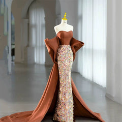 Modest Mermaid Strapless Floral Sequins Brown Prom Dresses Inspiration Long Party Night Evening Dress 19th Birthday Outfits AB2323