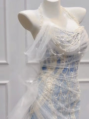Modest Mermaid Off The Shoulder Tulle Blue With Pearls Prom Dresses Inspiration Long Party Evening Dress 21st Birthday Outfits AB2289