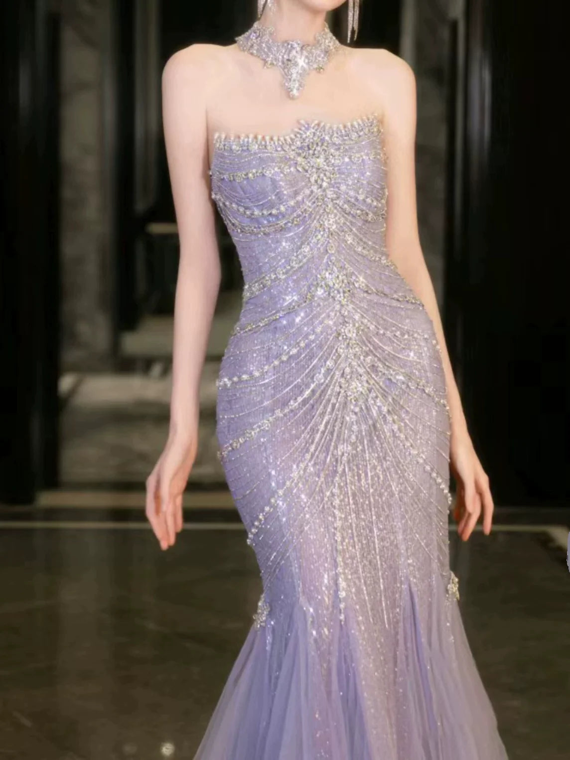 Modest Mermaid Strapless Lilac Sequins Prom Dresses Inspiration Long Party Evening Dress 21st Birthday Outfits AB2284