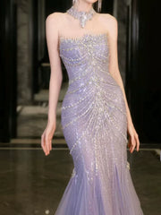 Modest Mermaid Strapless Lilac Sequins Prom Dresses Inspiration Long Party Evening Dress 21st Birthday Outfits AB2284