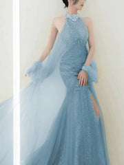 Modest Mermaid High Neck Tulle Blue With Split Prom Dresses Inspiration Long Party Evening Dress 19th Birthday Outfits AB2277