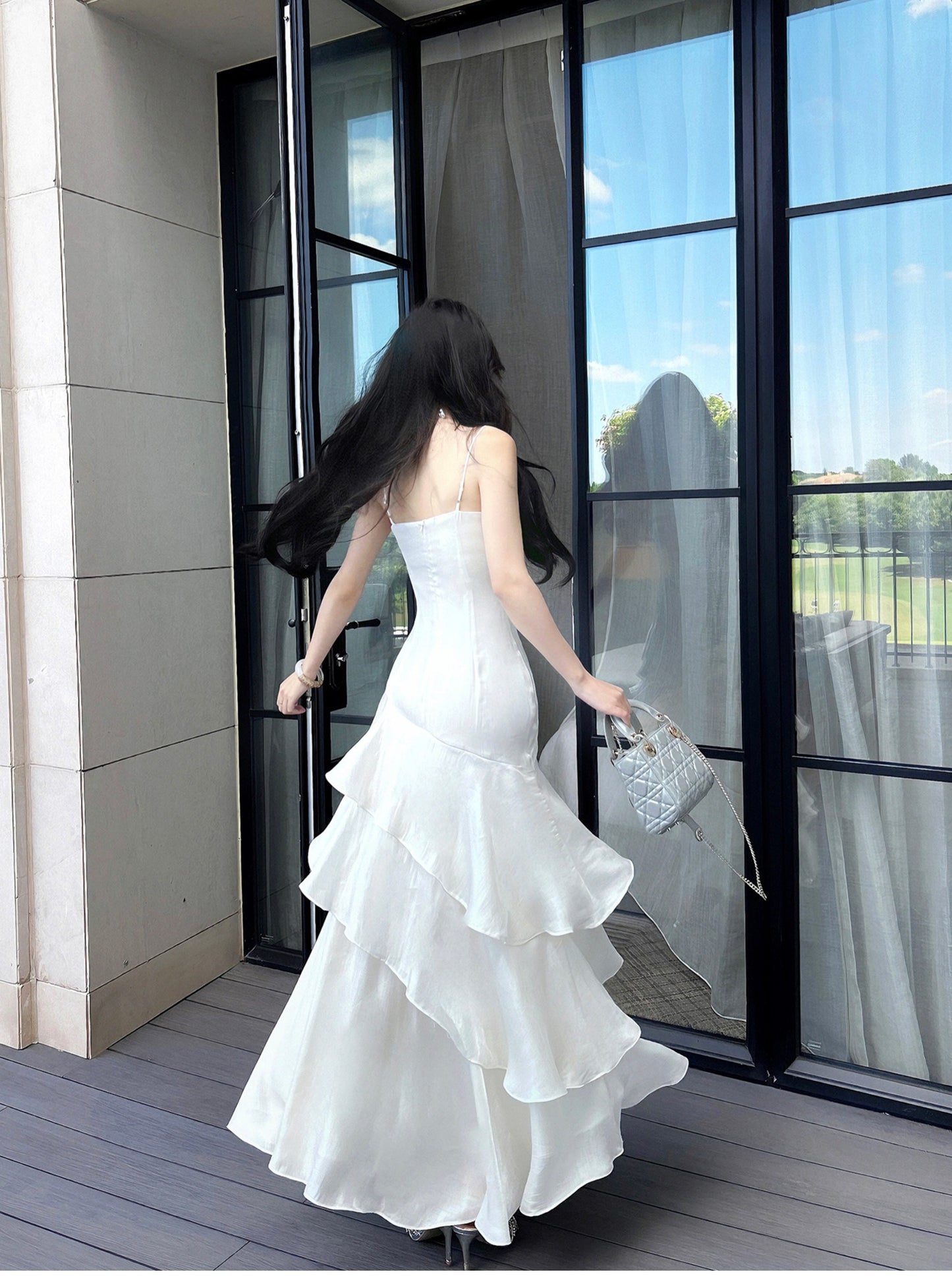 Modest Mermaid Spaghetti Straps White Ruffles Long Prom Dresses High School Teens Graduation Dance Dress 20th Birthday Outfits AB2503
