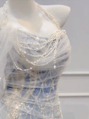 Modest Mermaid Off The Shoulder Tulle Blue With Pearls Prom Dresses Inspiration Long Party Evening Dress 21st Birthday Outfits AB2289