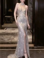 Modest Mermaid High Neck Sequins With High Split Prom Dresses Inspiration Long Party Evening Dress 21st Birthday Outfits AB2292