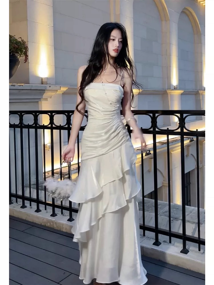 Modest Mermaid Spaghetti Straps White Ruffles Long Prom Dresses High School Teens Graduation Dance Dress 20th Birthday Outfits AB2503