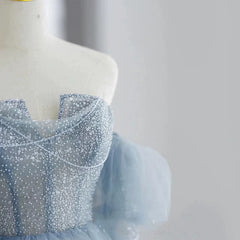 Modest Ball Gown Off The Shoulder Dusty Blue Tulle Prom Dresses Inspiration Long Party Night Evening Dress 20th Birthday Outfits AB2331