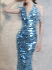 Modest Mermaid V Neck Blue Sequins Prom Dresses Inspiration Long Party Night Evening Dress 20th Birthday Outfits AB2338