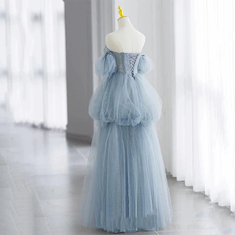 Modest Ball Gown Off The Shoulder Dusty Blue Tulle Prom Dresses Inspiration Long Party Night Evening Dress 20th Birthday Outfits AB2331