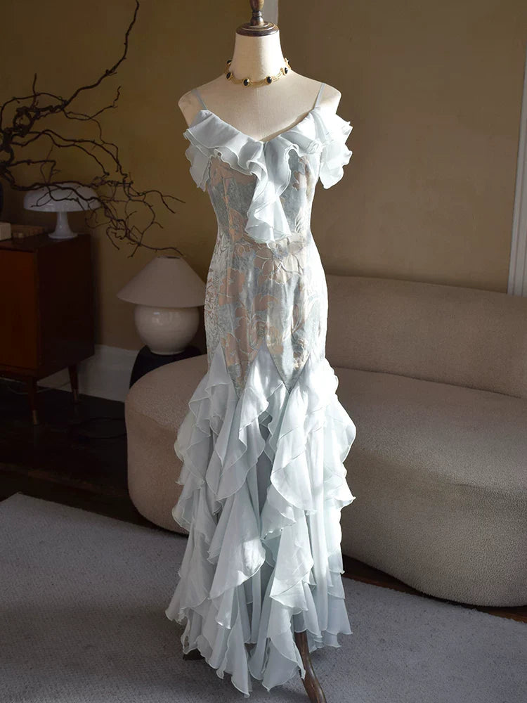 Vintage 1960s Mermaid Spaghetti Straps Light Sky Blue Chiffon Prom Dresses Inspiration Long Party Dress 18th Birthday Outfits AB2388