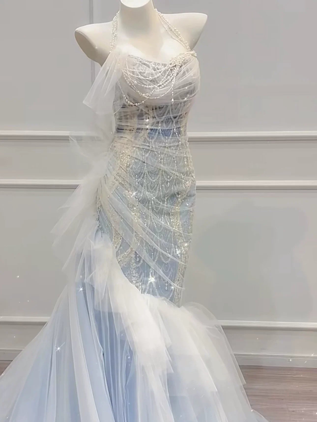 Modest Mermaid Off The Shoulder Tulle Blue With Pearls Prom Dresses Inspiration Long Party Evening Dress 21st Birthday Outfits AB2289