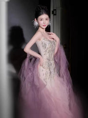 Luxury Mermaid Strapless Pink Tulle With Tiered Train Prom Dresses Inspiration Long Party Night Gowns 20th Birthday Outfits AB2235