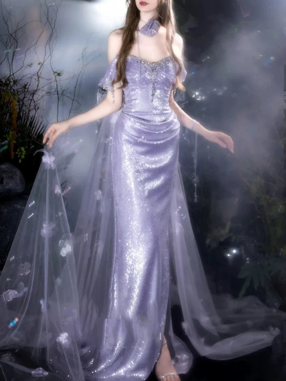 Modest Mermaid Strapless Lilac With Slit Sequins Prom Dresses Inspiration Long Party Evening Dress 21st Birthday Outfits AB2288