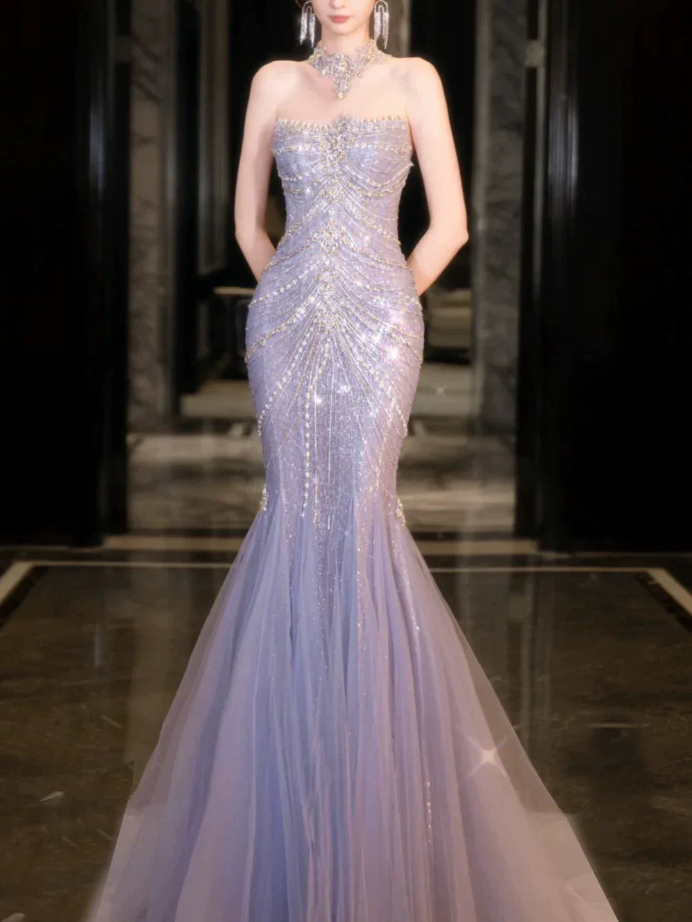 Modest Mermaid Strapless Lilac Sequins Prom Dresses Inspiration Long Party Evening Dress 21st Birthday Outfits AB2284