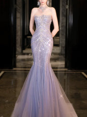 Modest Mermaid Strapless Lilac Sequins Prom Dresses Inspiration Long Party Evening Dress 21st Birthday Outfits AB2284