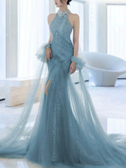 Modest Mermaid High Neck Tulle Blue With Split Prom Dresses Inspiration Long Party Evening Dress 19th Birthday Outfits AB2277