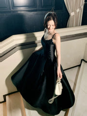 Modest A line Spaghetti Straps Black Satin Prom Dresses Wedding Guest Dress 16th Party Birthday Outfits AB2428