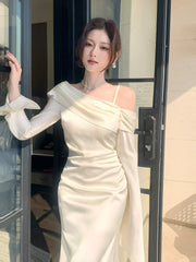 Elegant Mermaid Off The Shoulder White Silky Satin Ankle Length Prom Dresses 16th Nigh Party Birthday Outfits AB2430