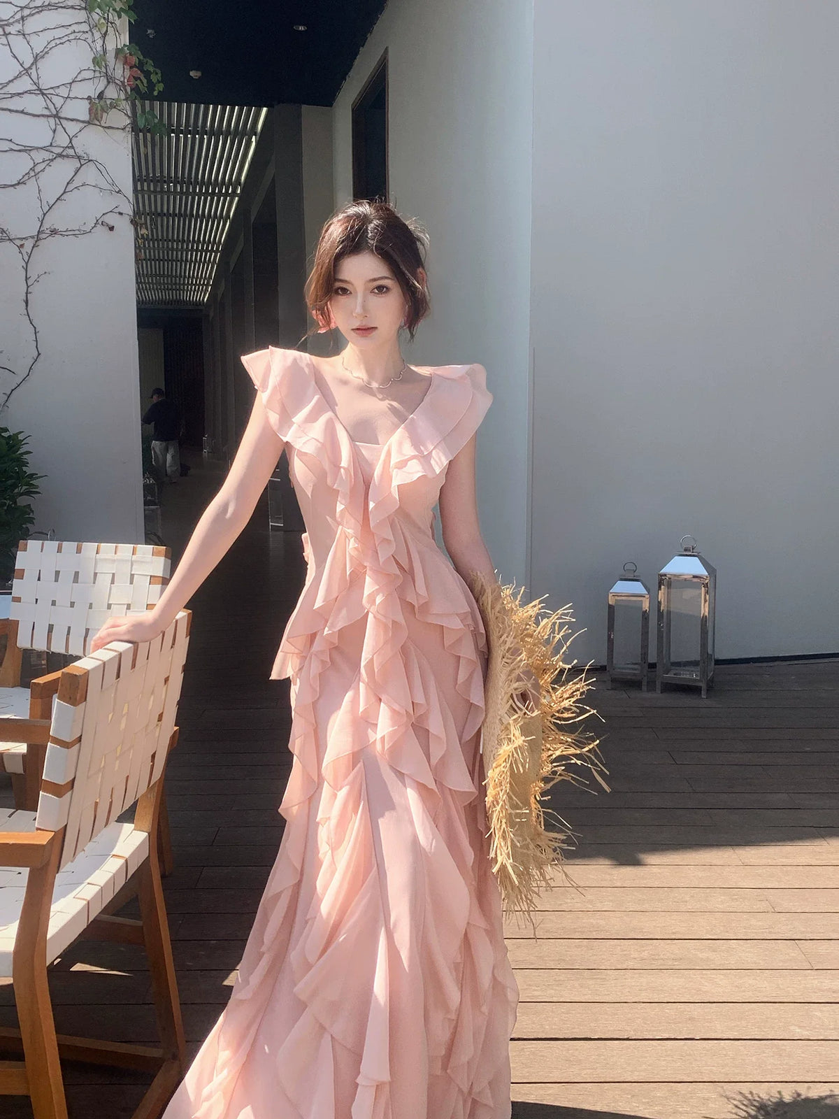 Simple A line V Neckline Chiffon Coral Pink Prom Dresses Long 16th Birthday Outfits AB2412