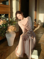 Modest Mermaid Square Neck Pink Satin Long Sleeves Prom Dresses Wedding Guest Dress 16th Birthday Outfits AB2446