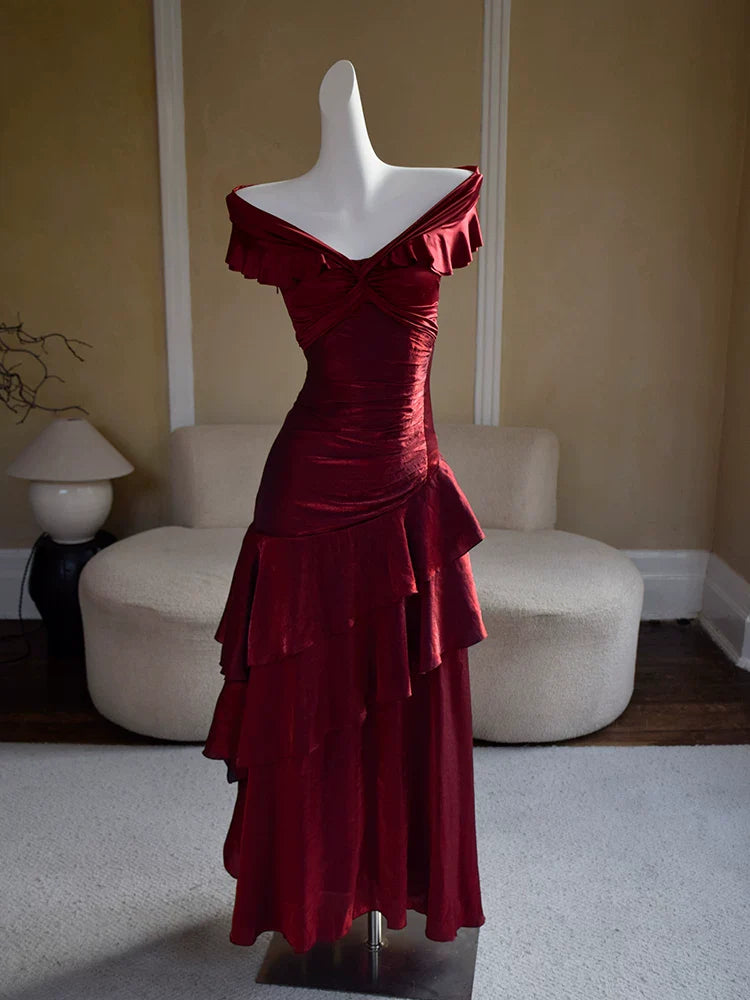 Vintage 1960s Mermaid Off The Shoulder Burgundy Prom Dresses Inspiration Long Party Retro Evening Dress 20th Birthday Outfits AB2355